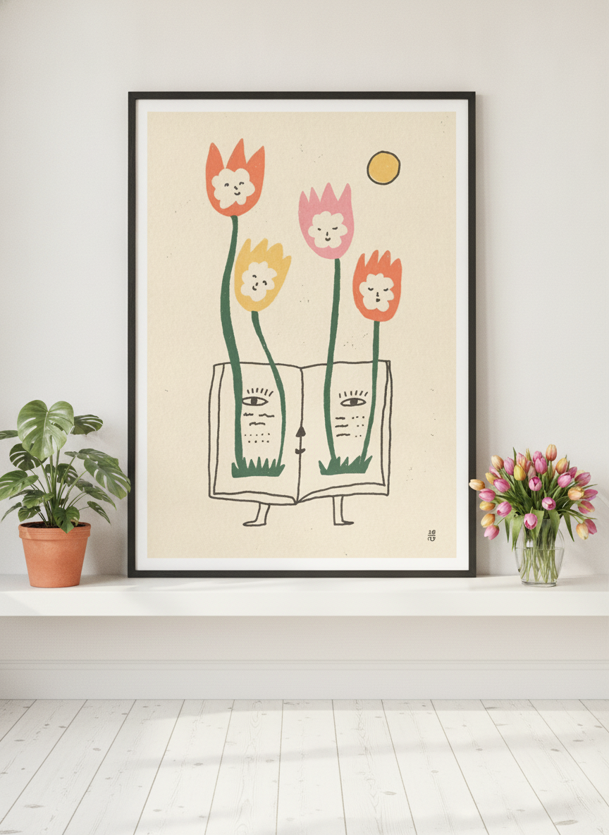 Modern wall art print standing on a shelf in a bright Scandinavian bedroom