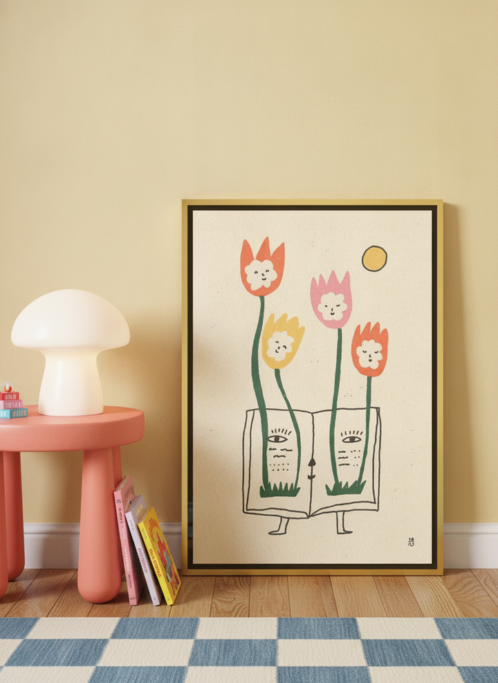 Canvas wall art with a gold leaf surround leaning against the wall in a colourful eclectic nursery