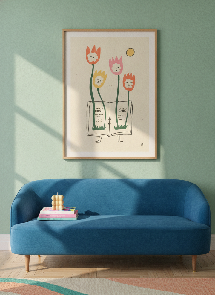Modern wall art print styled on the wall in a colourful eclectic living room