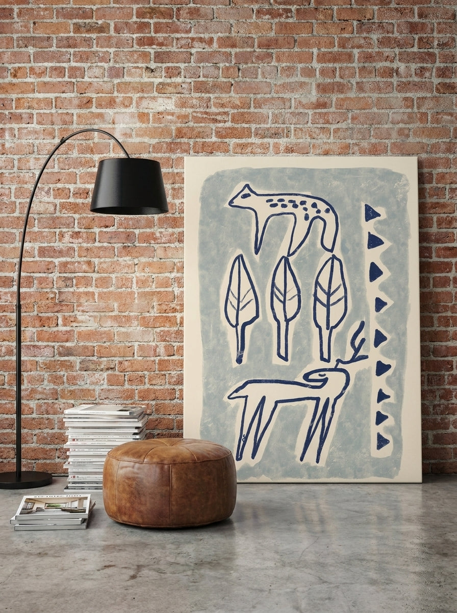 Stretched canvas wall art leaning against the wall in an industrial loft living room