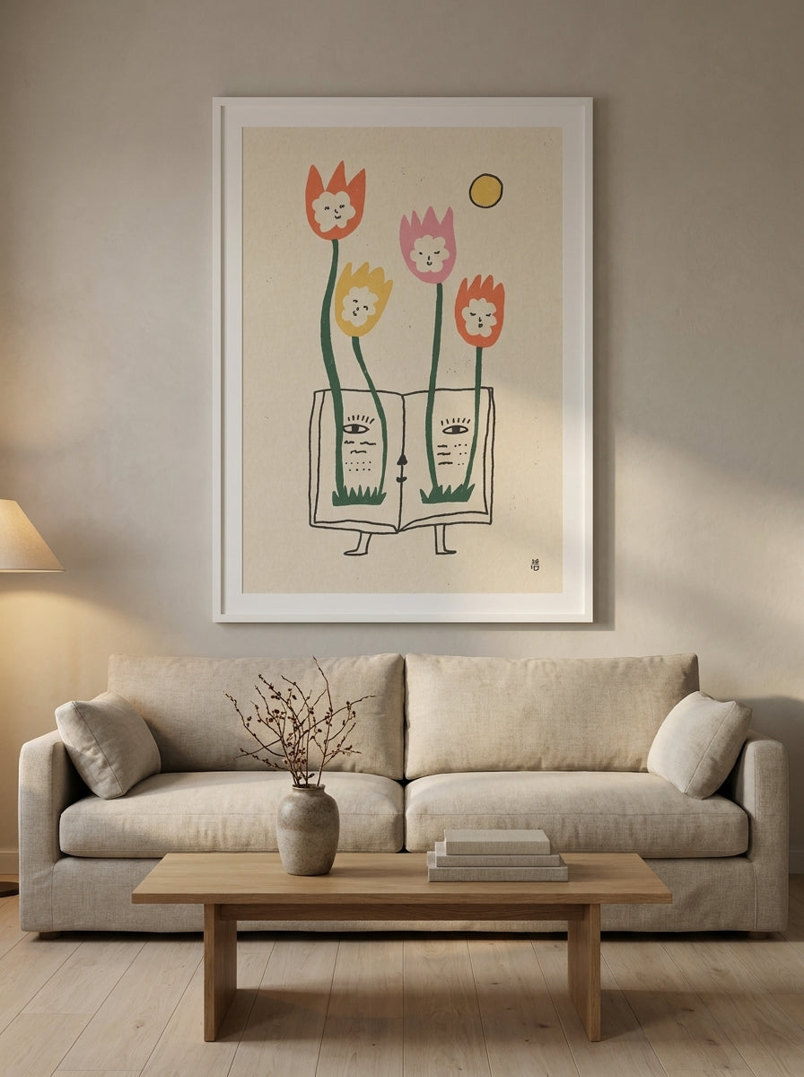 Oversized statement modern wall art print styled on the wall in a warm Japandi living room