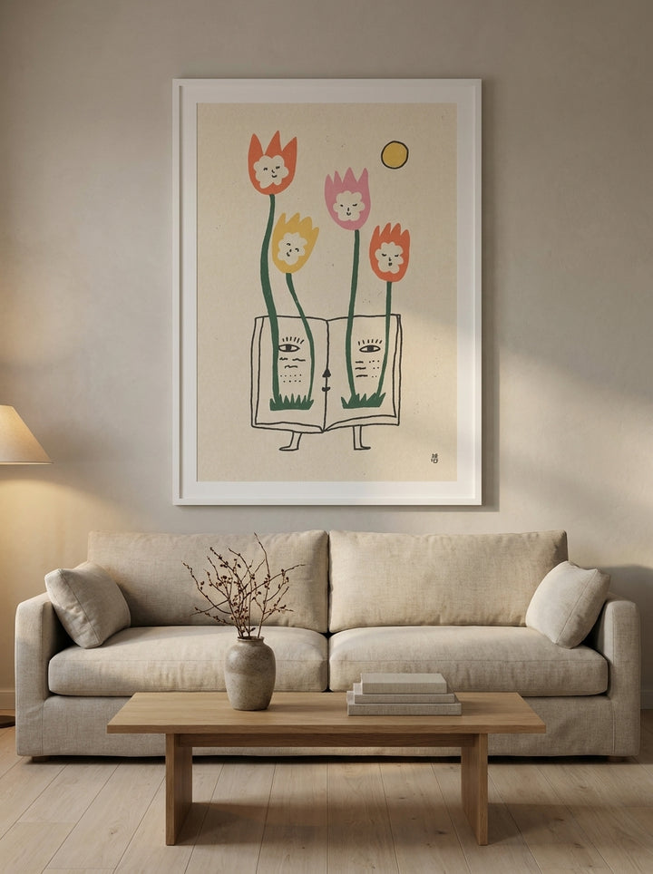 Oversized statement modern wall art print styled on the wall in a warm Japandi living room