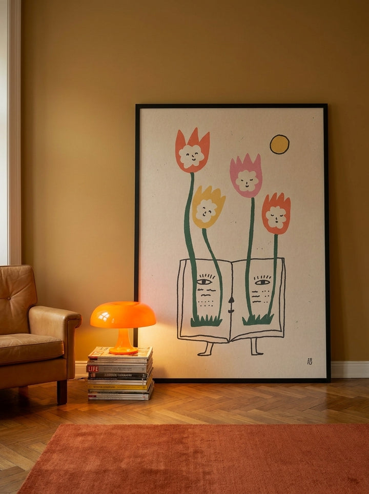 Oversized statement modern wall art print leaning against the wall in a retro 70s home office