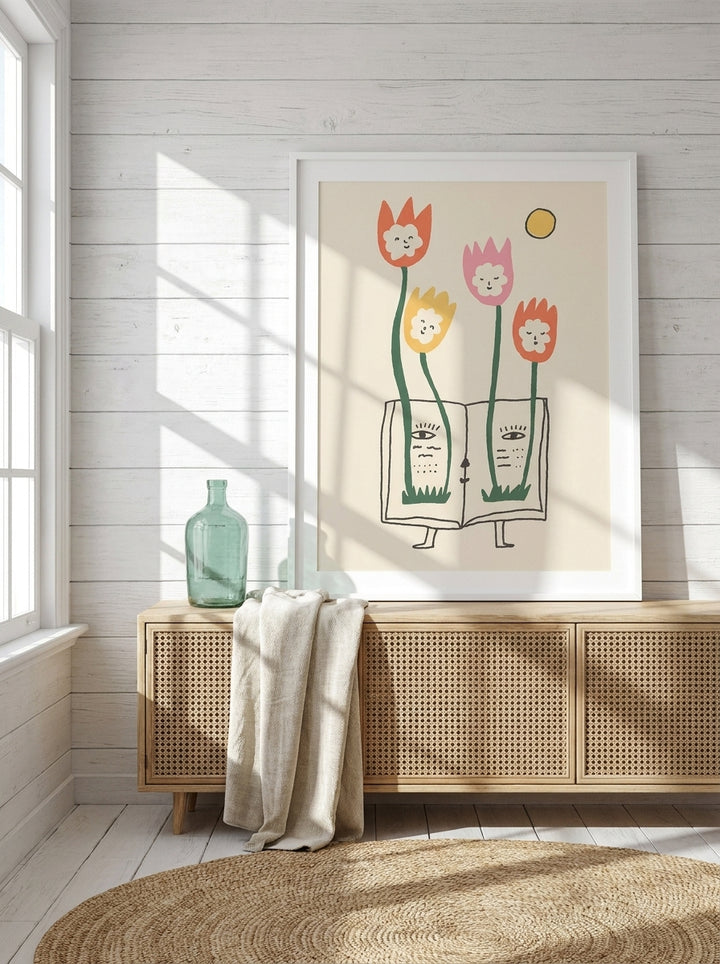 Modern wall art print standing on a sideboard in a coastal nursery