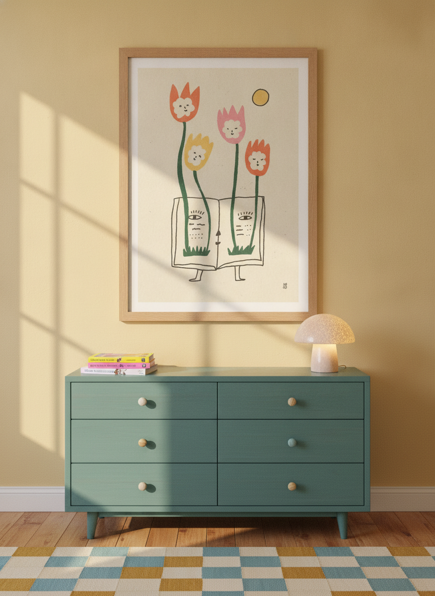 Modern wall art print styled on the wall in a colourful eclectic nursery