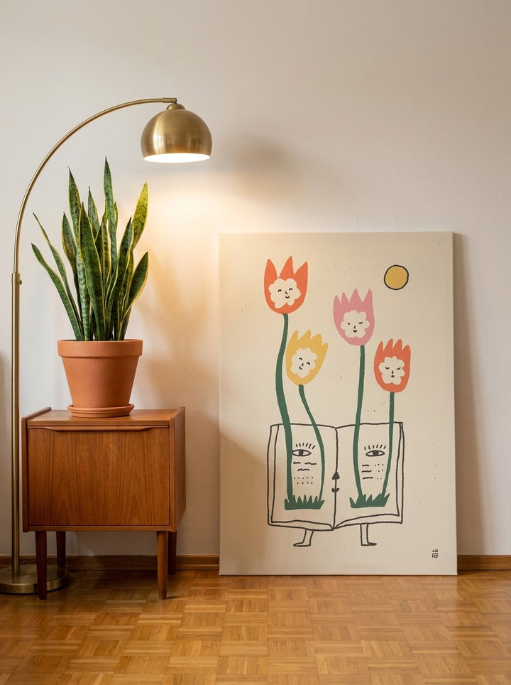 Stretched canvas wall art leaning against the wall in a mid-century bedroom