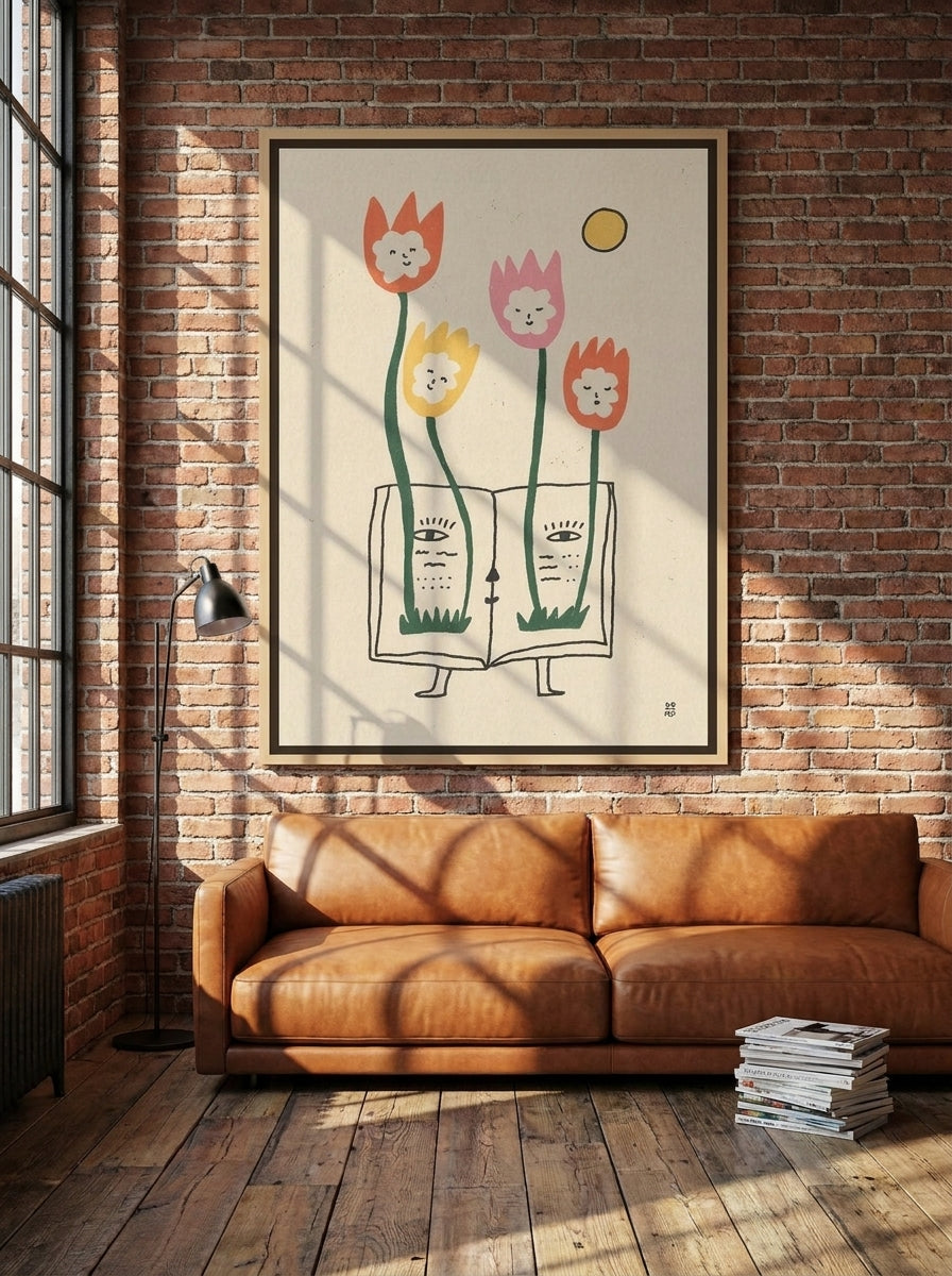 Oversized statement canvas wall art with a natural timber surround styled on the wall in an industrial loft living room