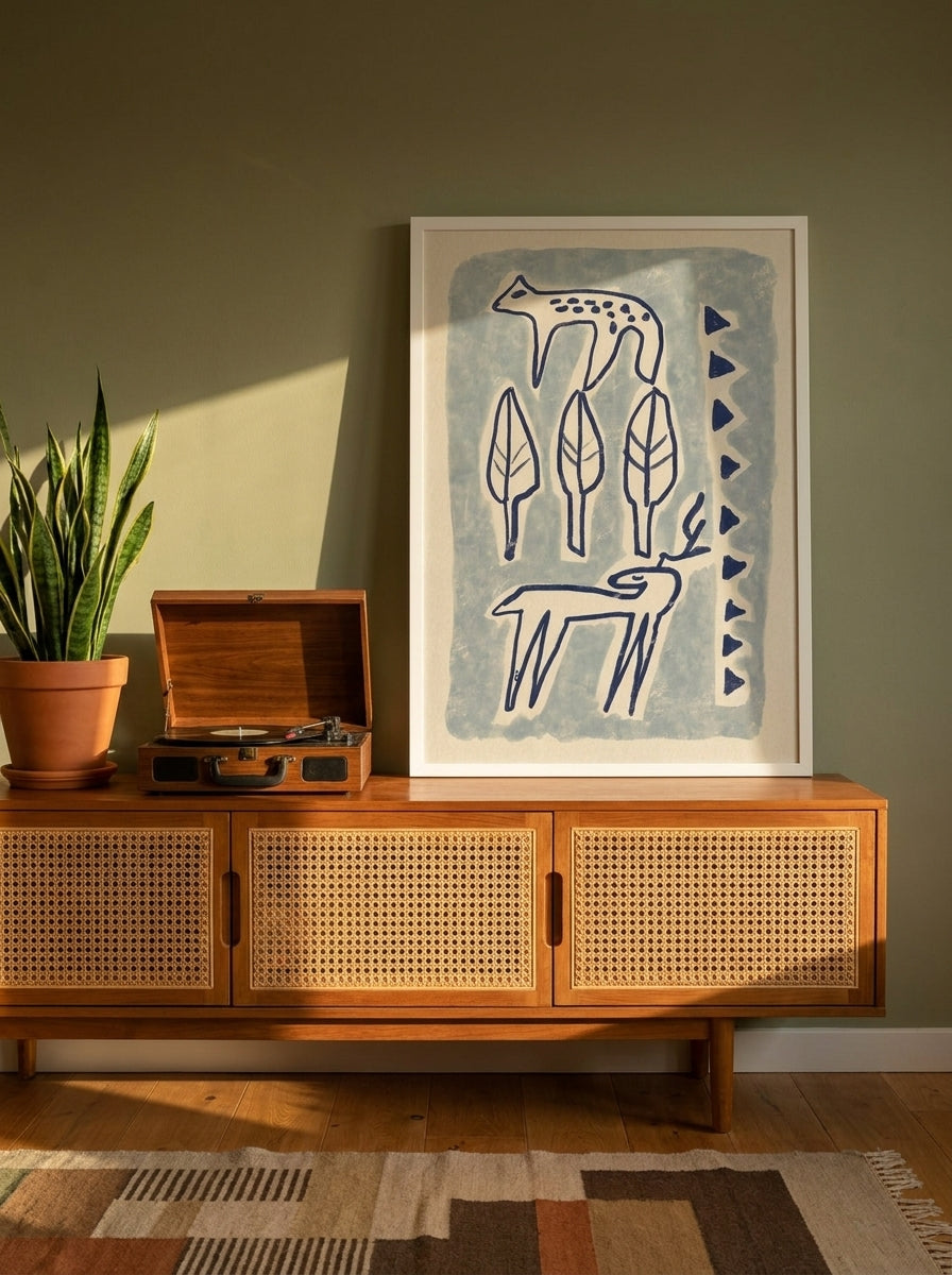 Modern wall art print standing on a sideboard in a mid-century home office