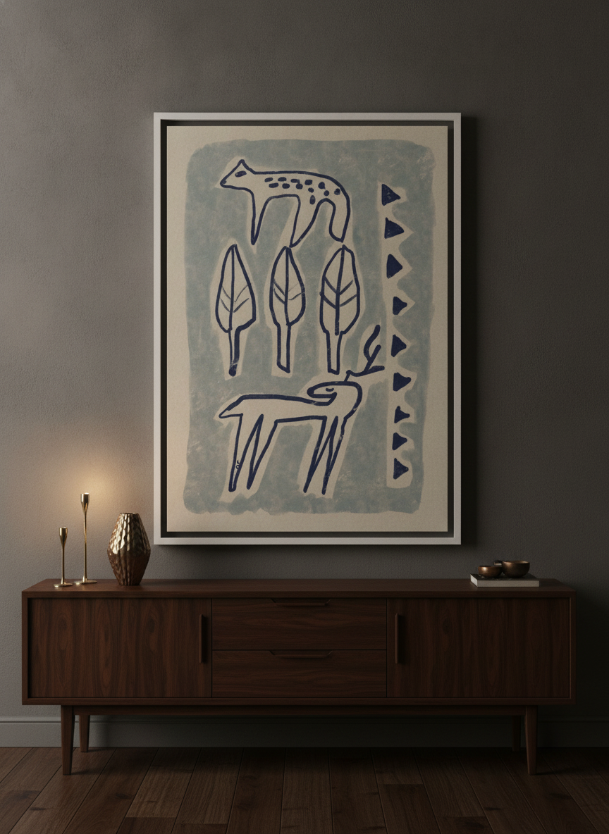 Oversized statement canvas wall art with a white surround styled on the wall in a moody living room