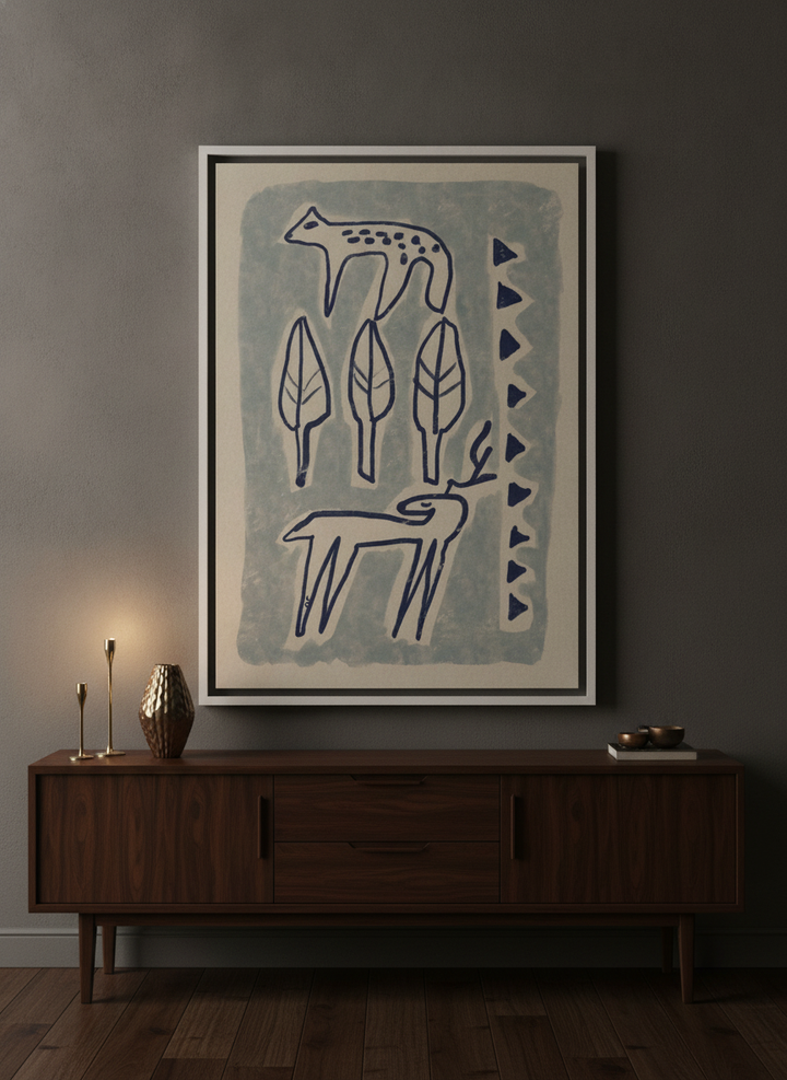 Oversized statement canvas wall art with a white surround styled on the wall in a moody living room