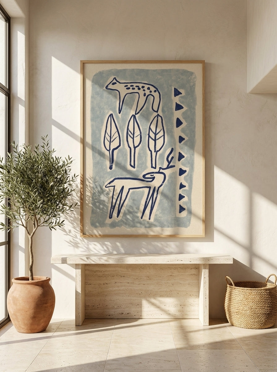 Oversized statement modern wall art print styled on the wall in a Mediterranean living room