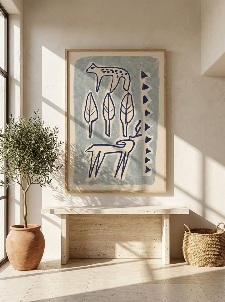 Oversized statement modern wall art print styled on the wall in a Mediterranean living room