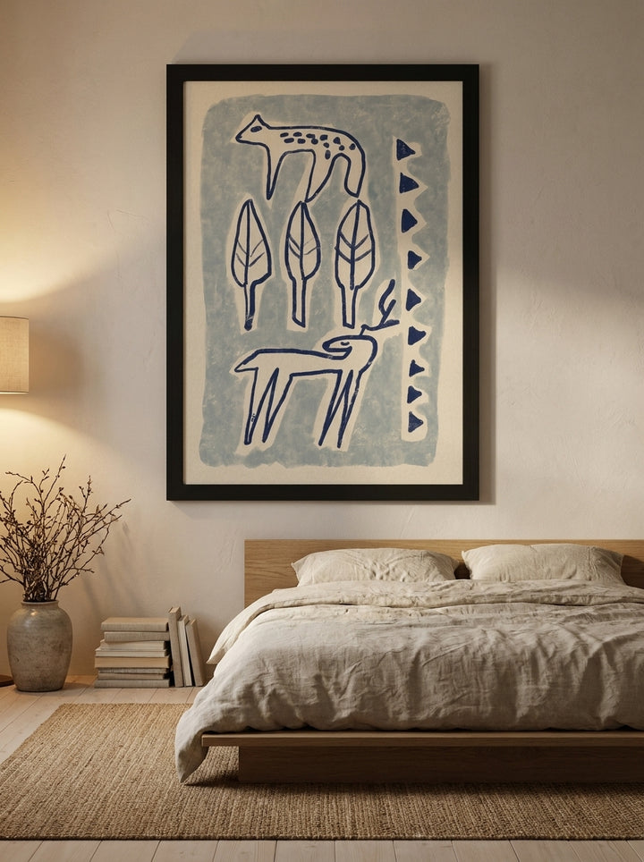 Oversized statement modern wall art print styled on the wall in a warm Japandi bedroom