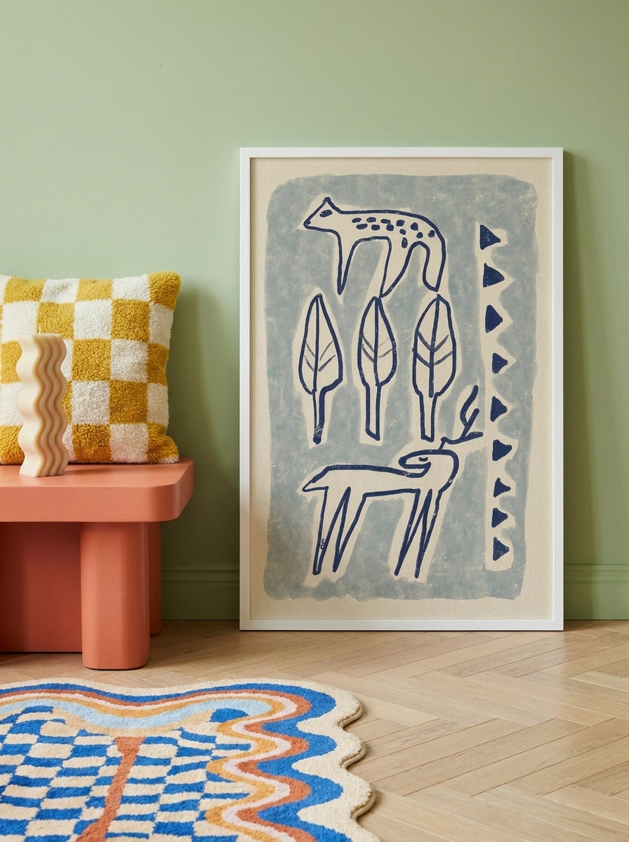 Modern wall art print standing on a side table in a colourful eclectic home office