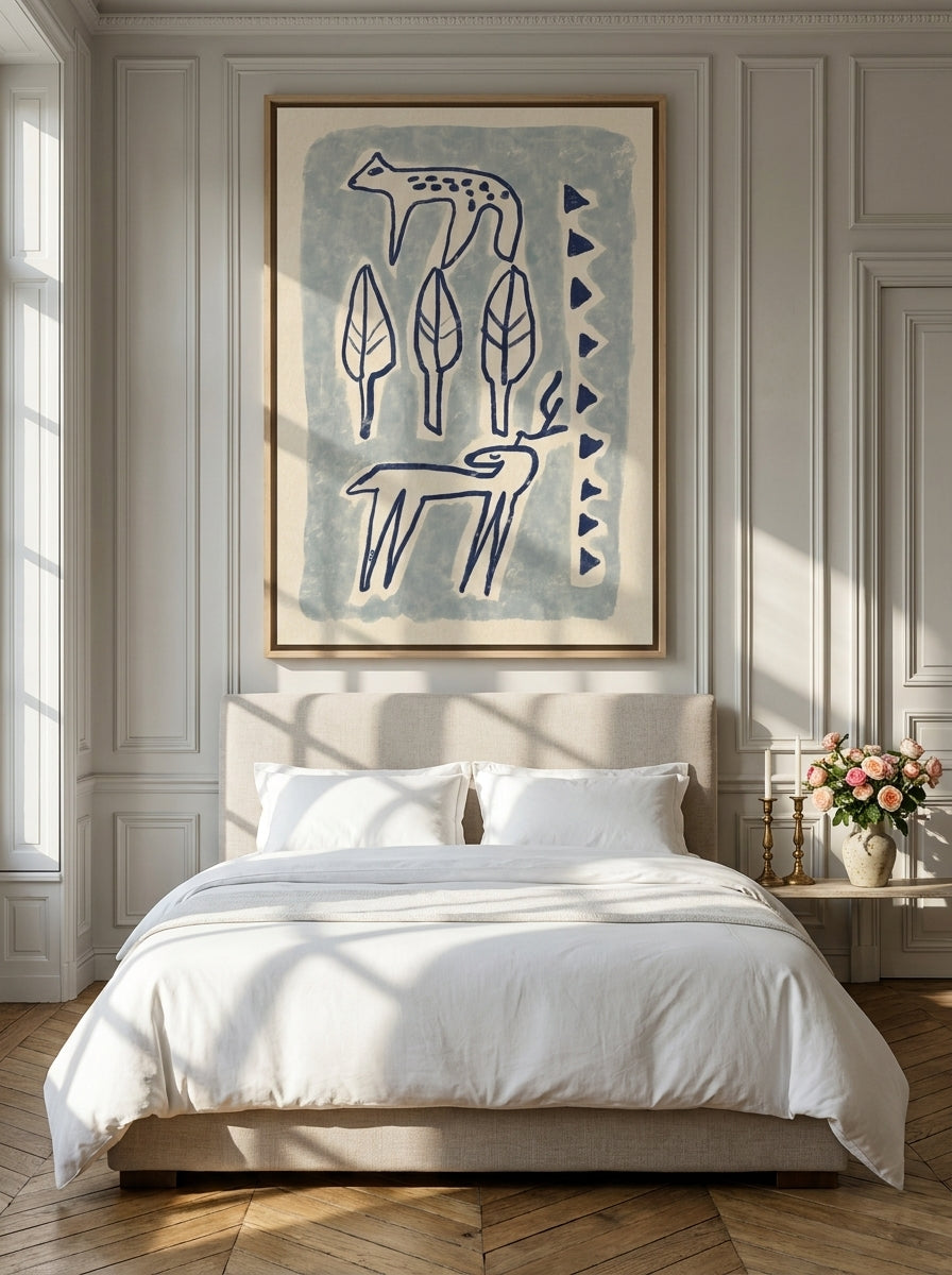 Oversized statement canvas wall art with a natural timber surround styled on the wall in a Parisian bedroom