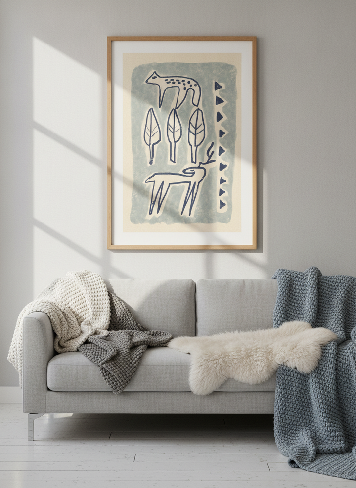 Modern wall art print styled on the wall in a bright Scandinavian living room