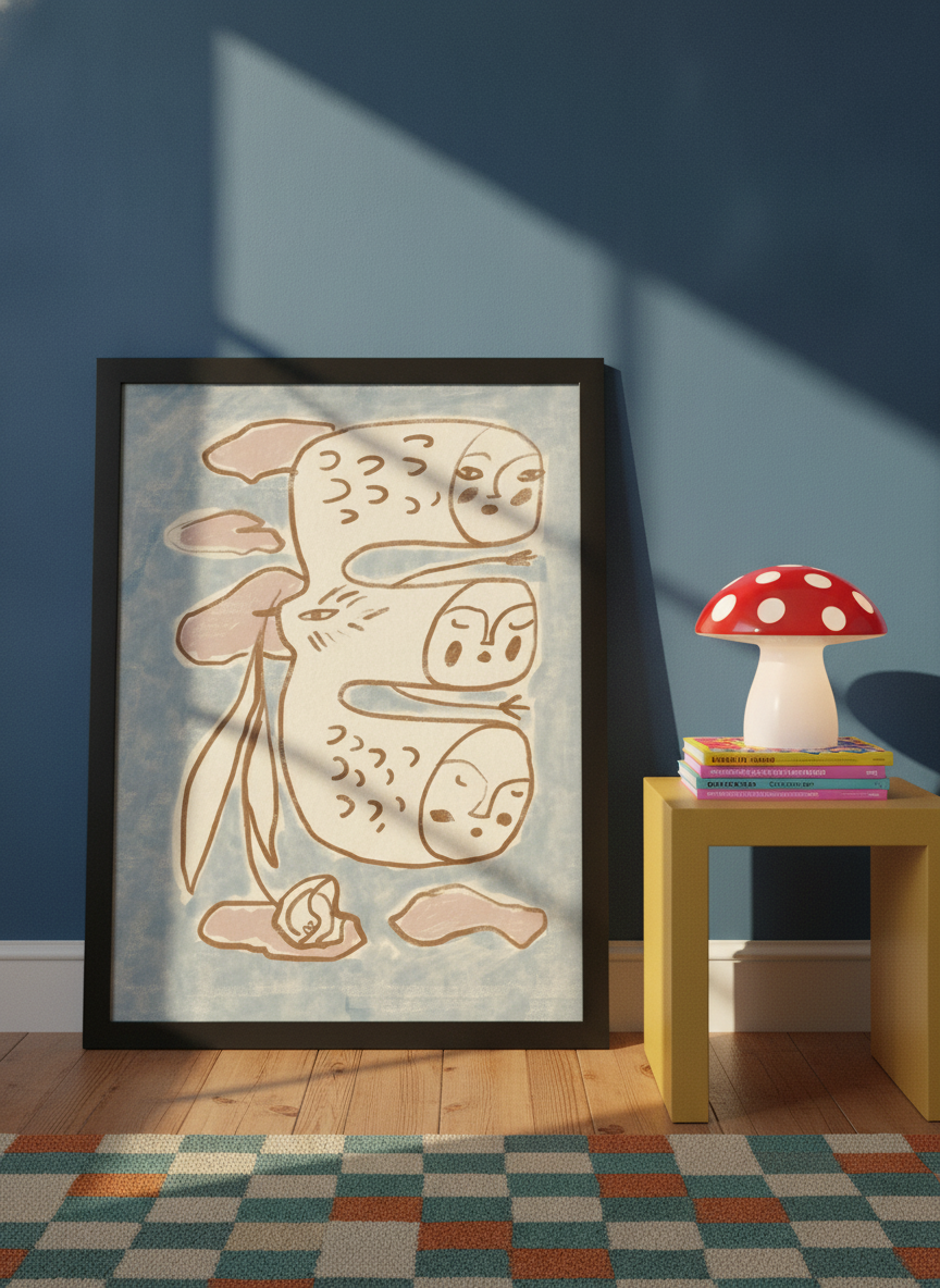 Modern wall art print standing on a side table in a colourful eclectic bedroom