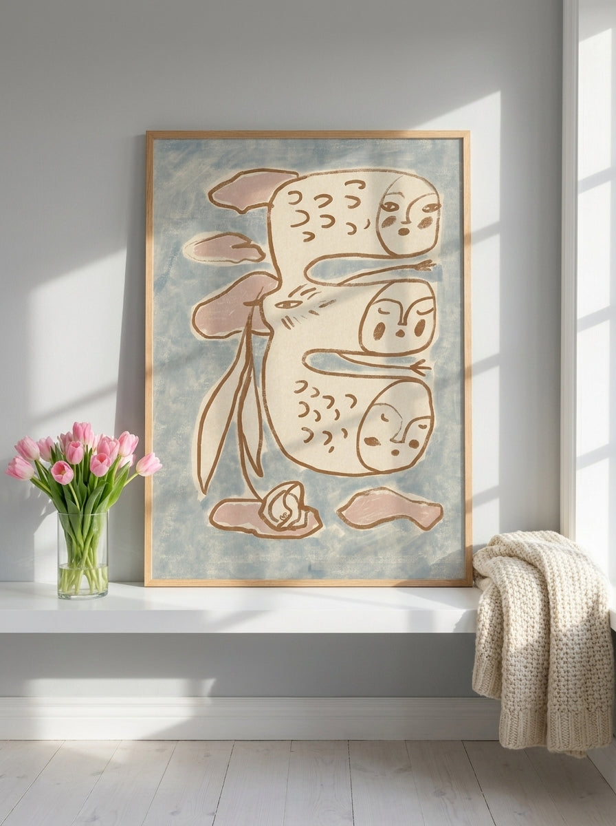 Modern wall art print standing on a shelf in a bright Scandinavian home office
