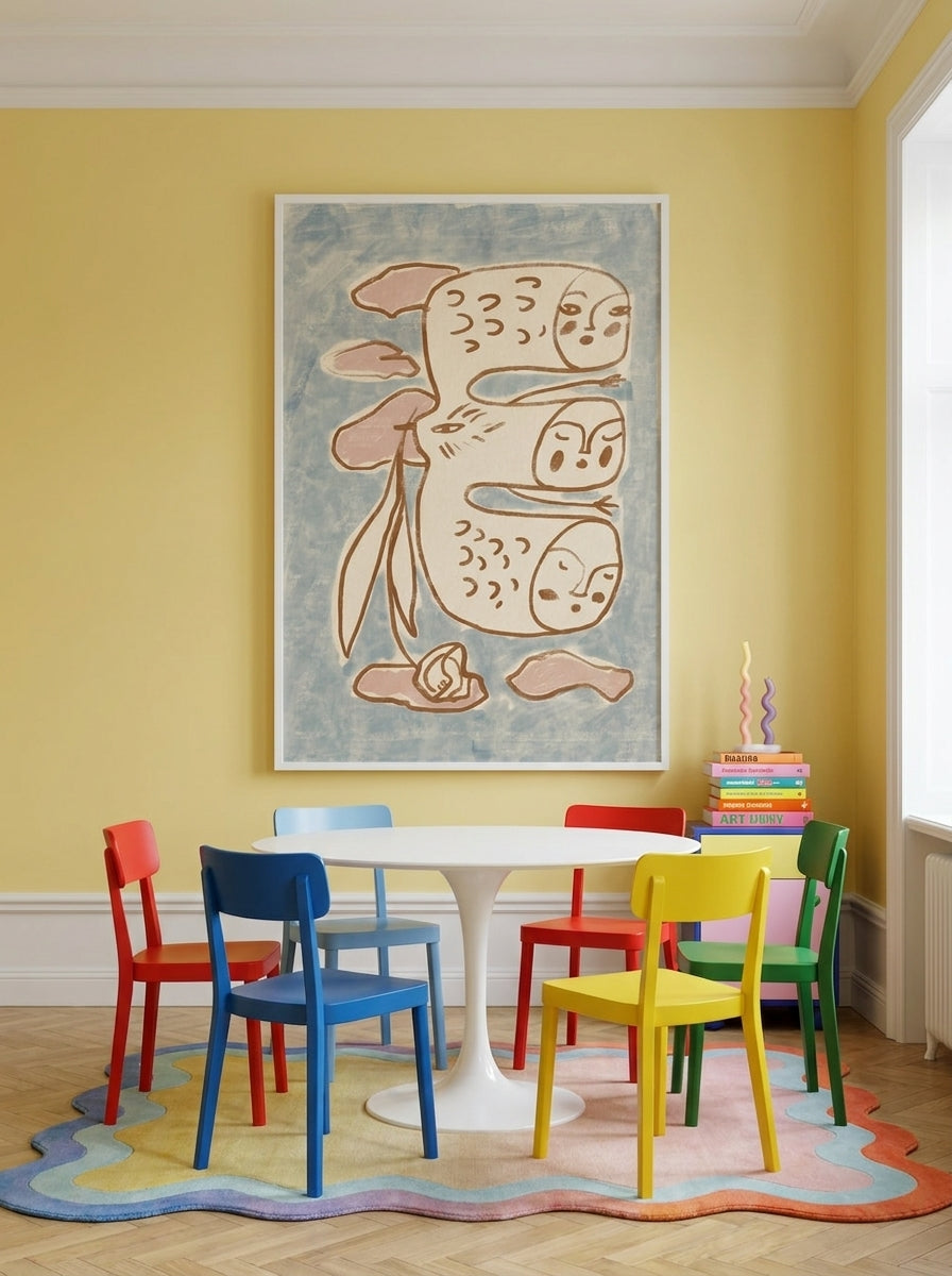 Oversized statement modern wall art print styled on the wall in a colourful eclectic dining room