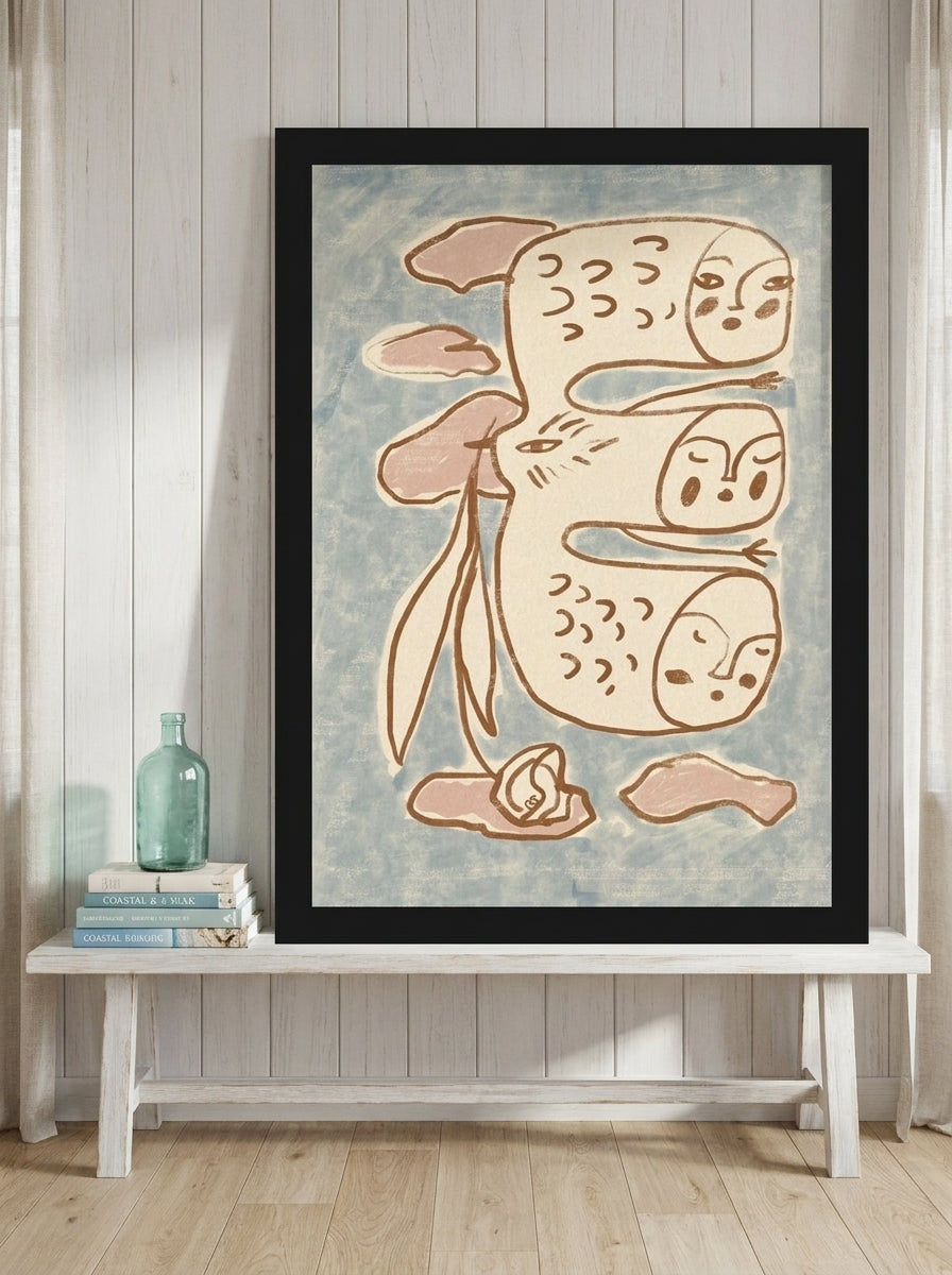 Modern wall art print standing on a console in a coastal nursery