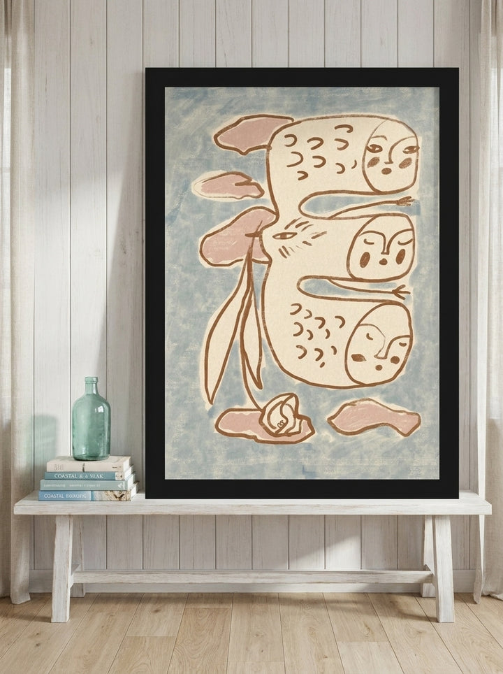 Modern wall art print standing on a console in a coastal nursery