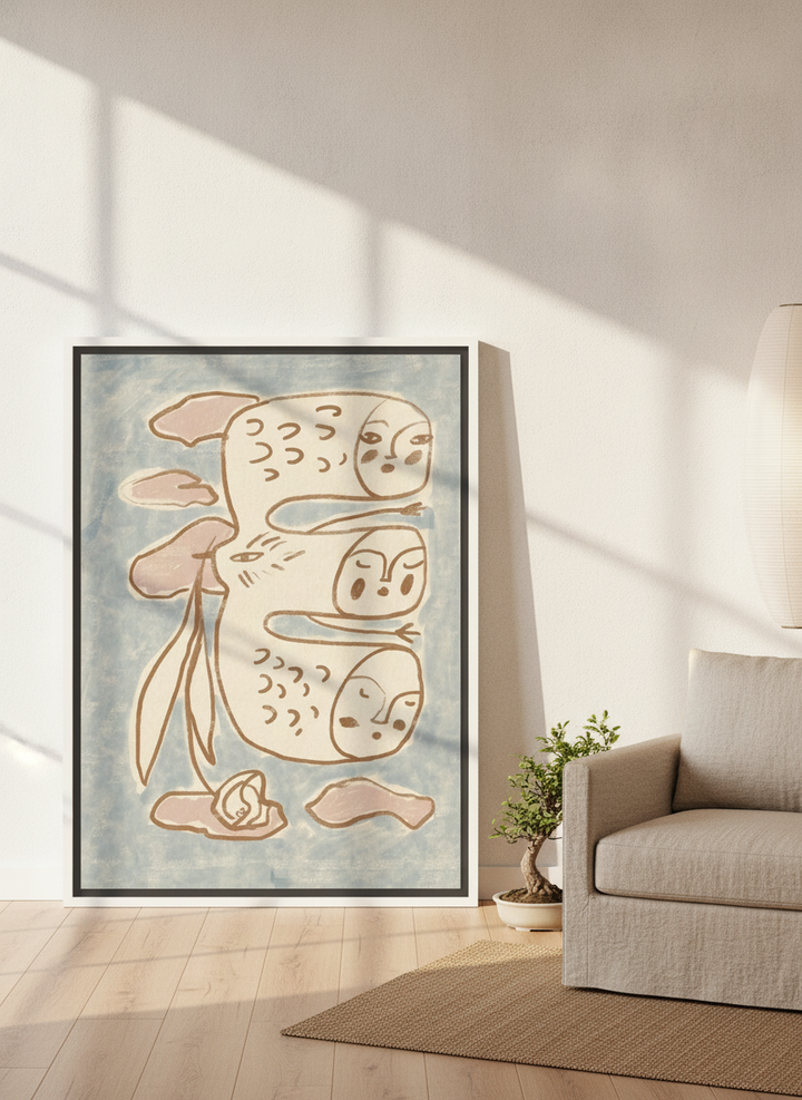 Canvas wall art with a white surround leaning against the wall in a warm Japandi nursery