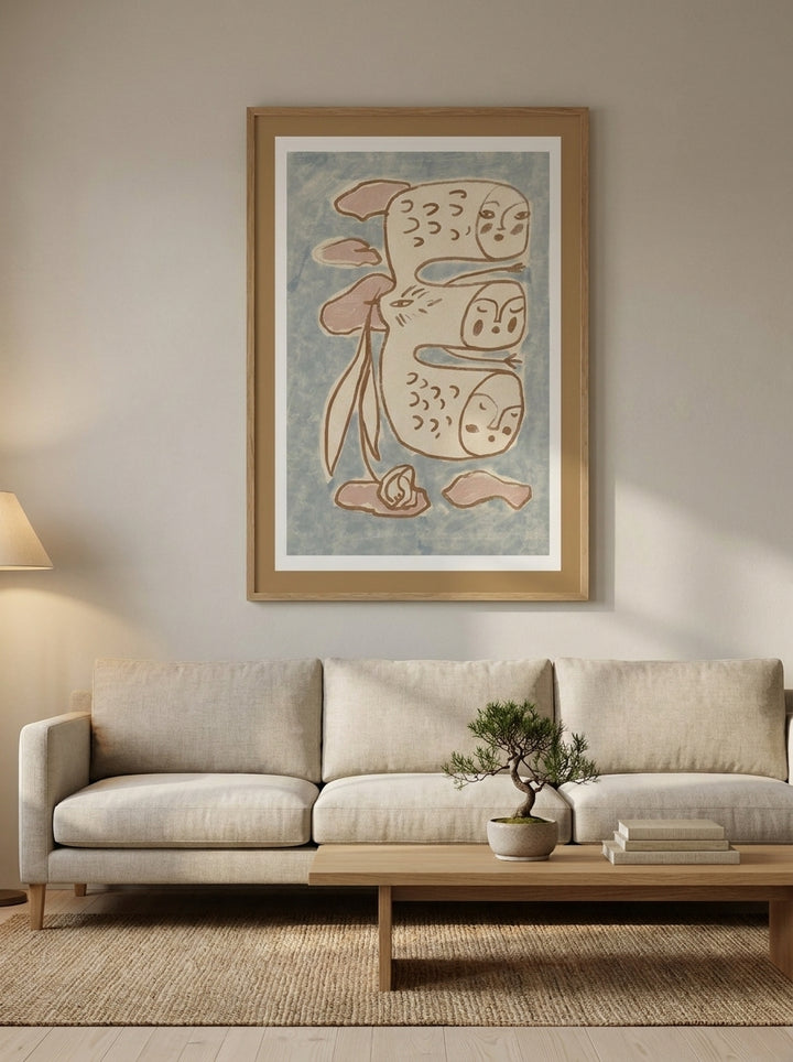 Modern wall art print styled on the wall in a warm Japandi living room
