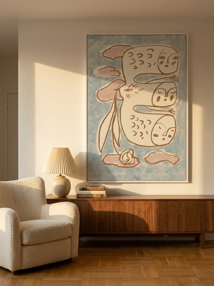 Oversized statement modern wall art print styled on the wall in a mid-century living room