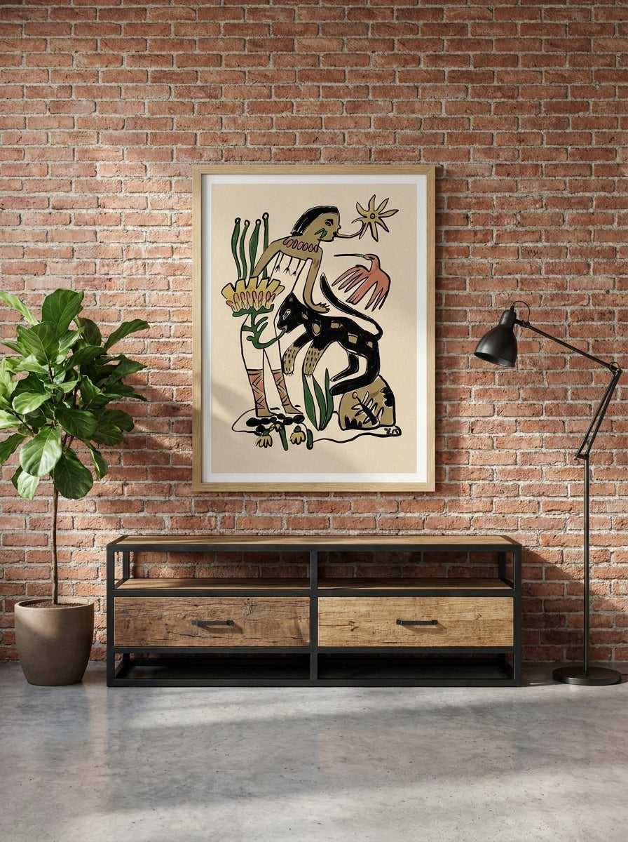 Modern wall art print styled on the wall in an industrial loft living room