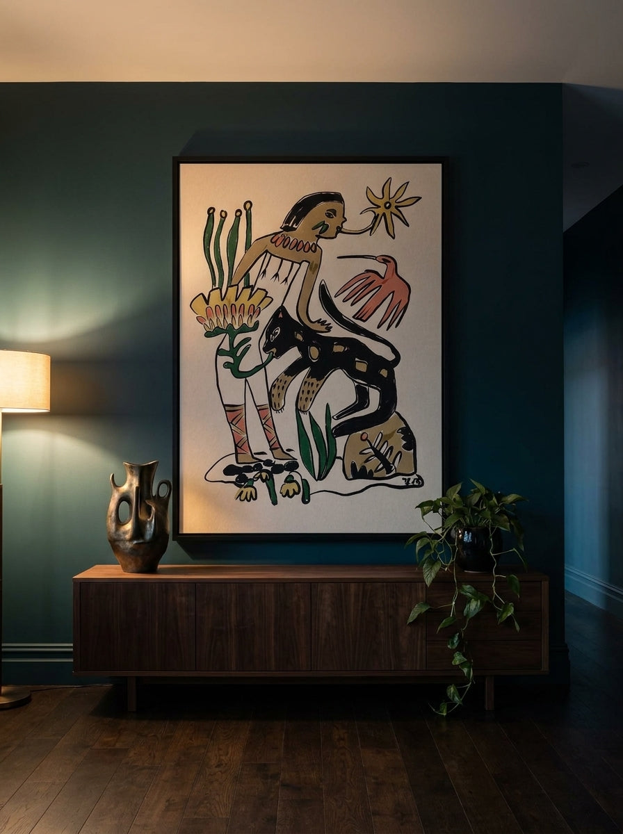 Oversized statement modern wall art print styled on the wall in a moody living room