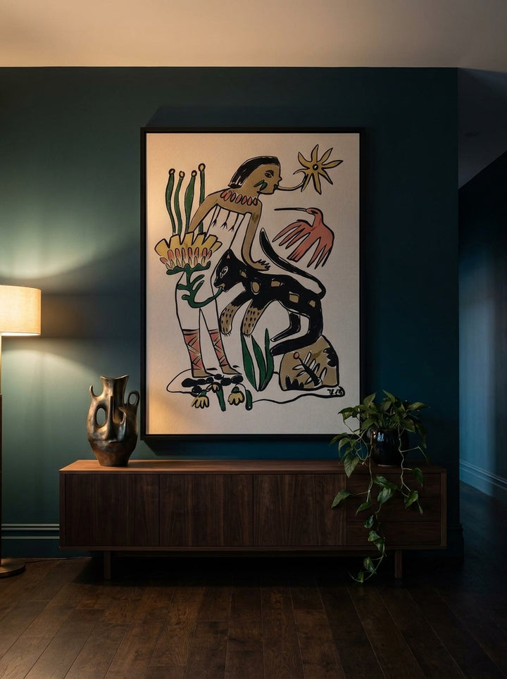 Oversized statement modern wall art print styled on the wall in a moody living room