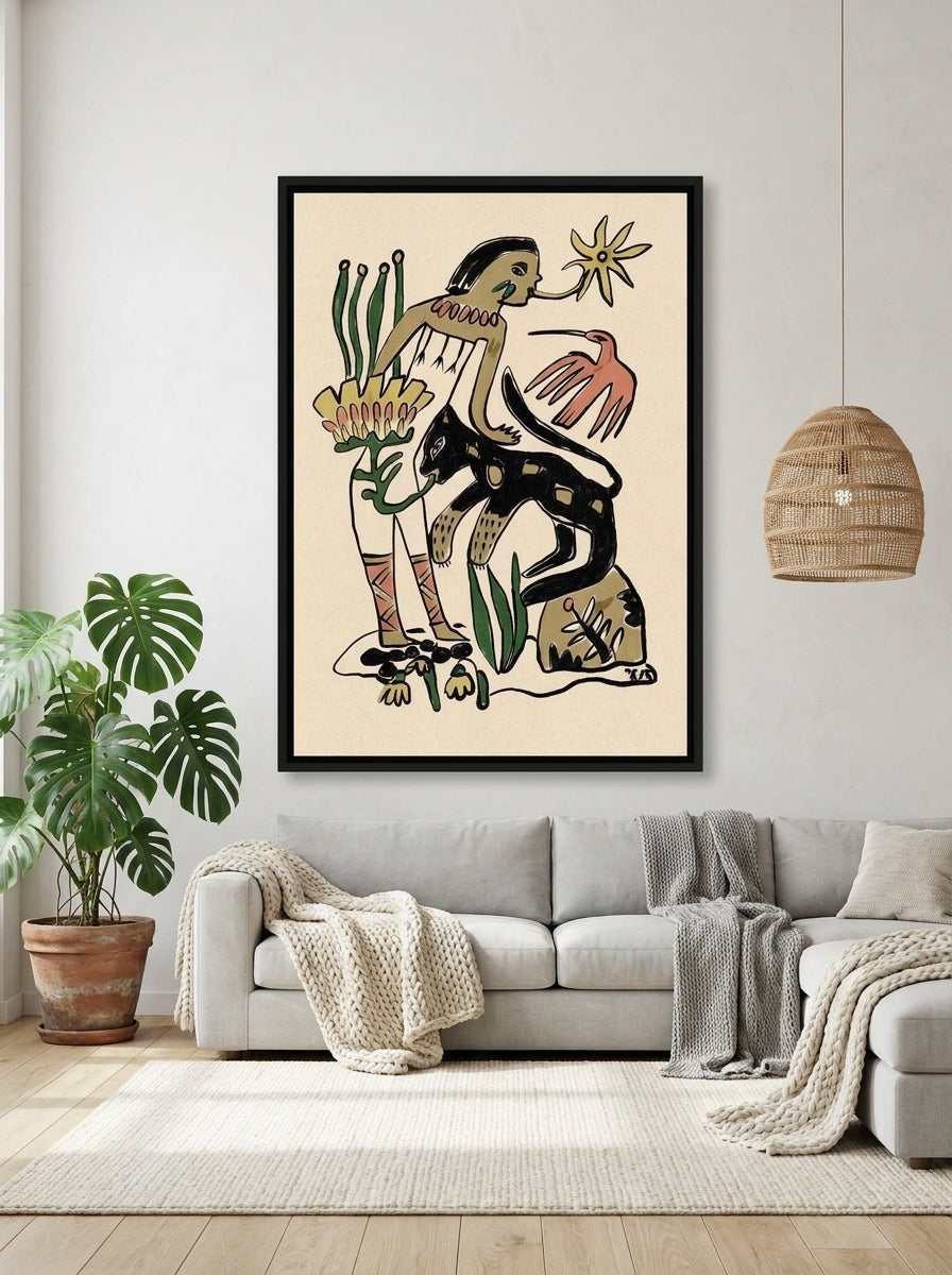 Oversized statement canvas wall art with a black surround styled on the wall in a bright Scandinavian living room