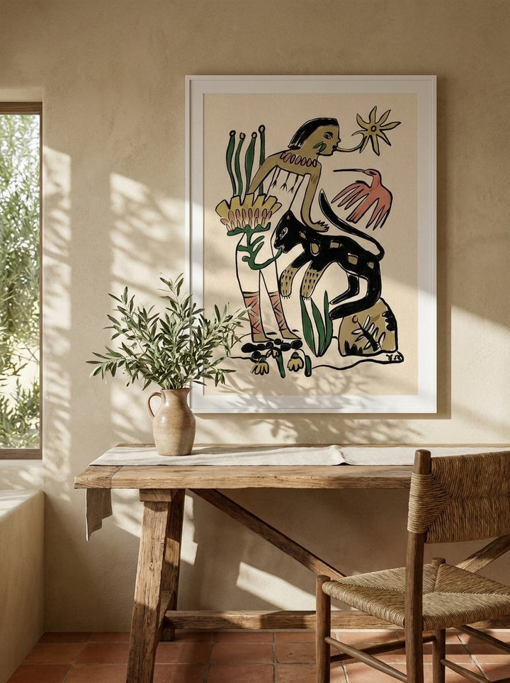 Modern wall art print styled on the wall in a Mediterranean home office
