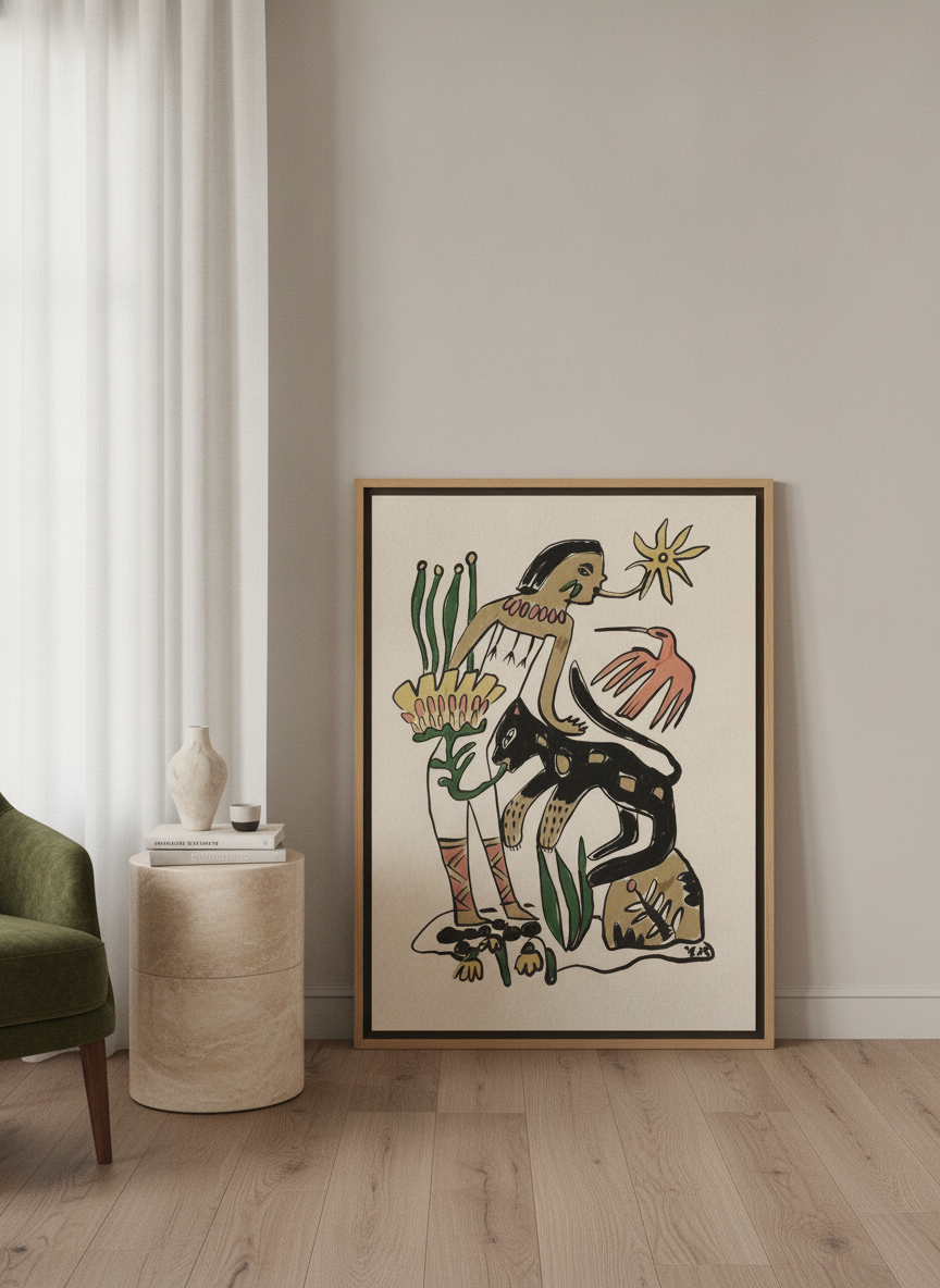 Canvas wall art with a natural timber surround leaning against the wall in a luxe bedroom