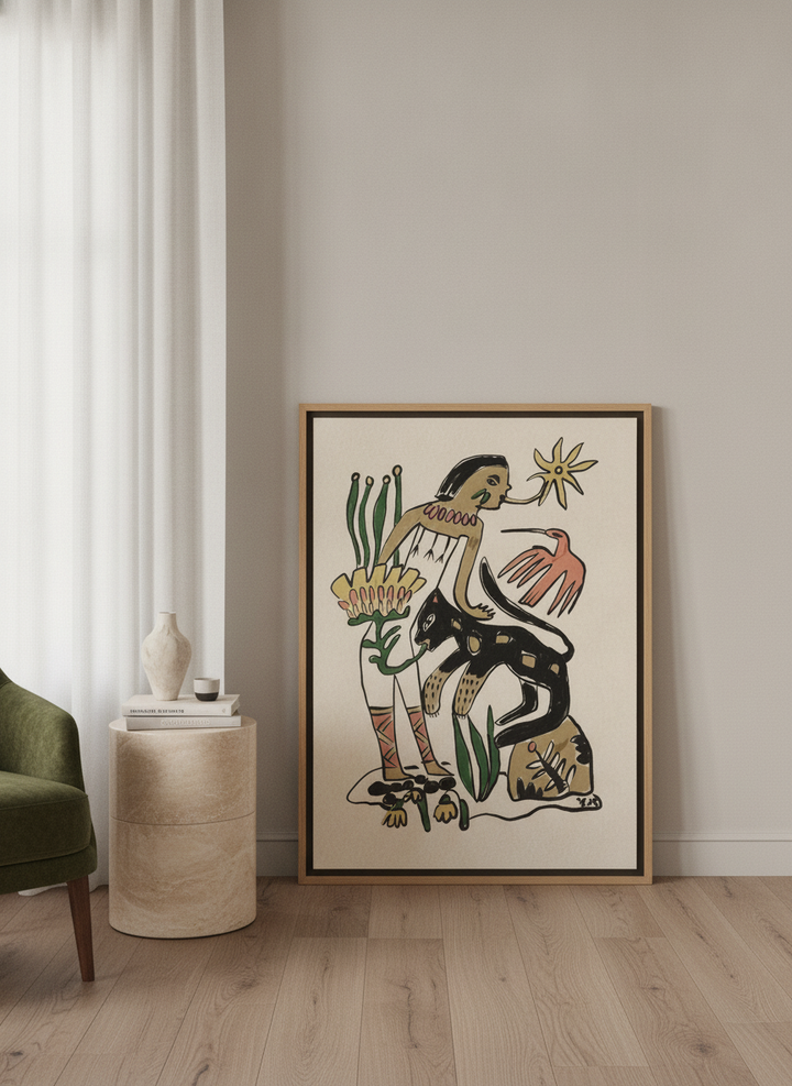 Canvas wall art with a natural timber surround leaning against the wall in a luxe bedroom
