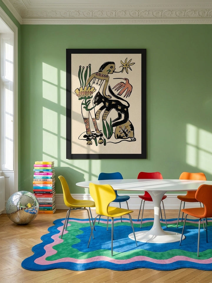 Oversized statement modern wall art print styled on the wall in a colourful eclectic dining room