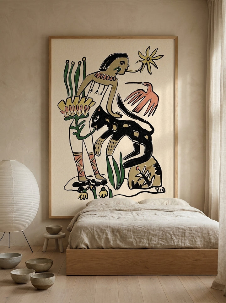 Modern wall art print styled on the wall in a warm Japandi bedroom