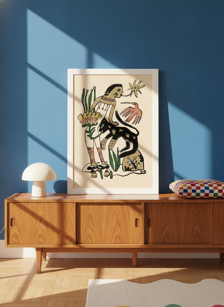 Modern wall art print standing on a sideboard in a colourful eclectic living room