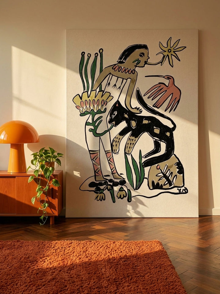 Stretched canvas wall art standing on a sideboard in a retro 70s home office