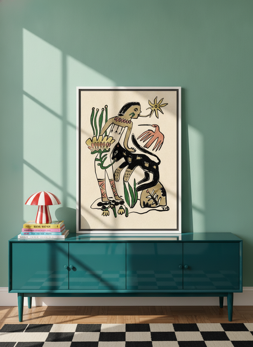 Canvas wall art with a white surround standing on a sideboard in a colourful eclectic bedroom