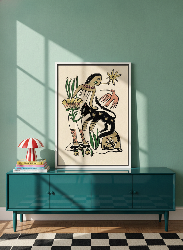 Canvas wall art with a white surround standing on a sideboard in a colourful eclectic bedroom