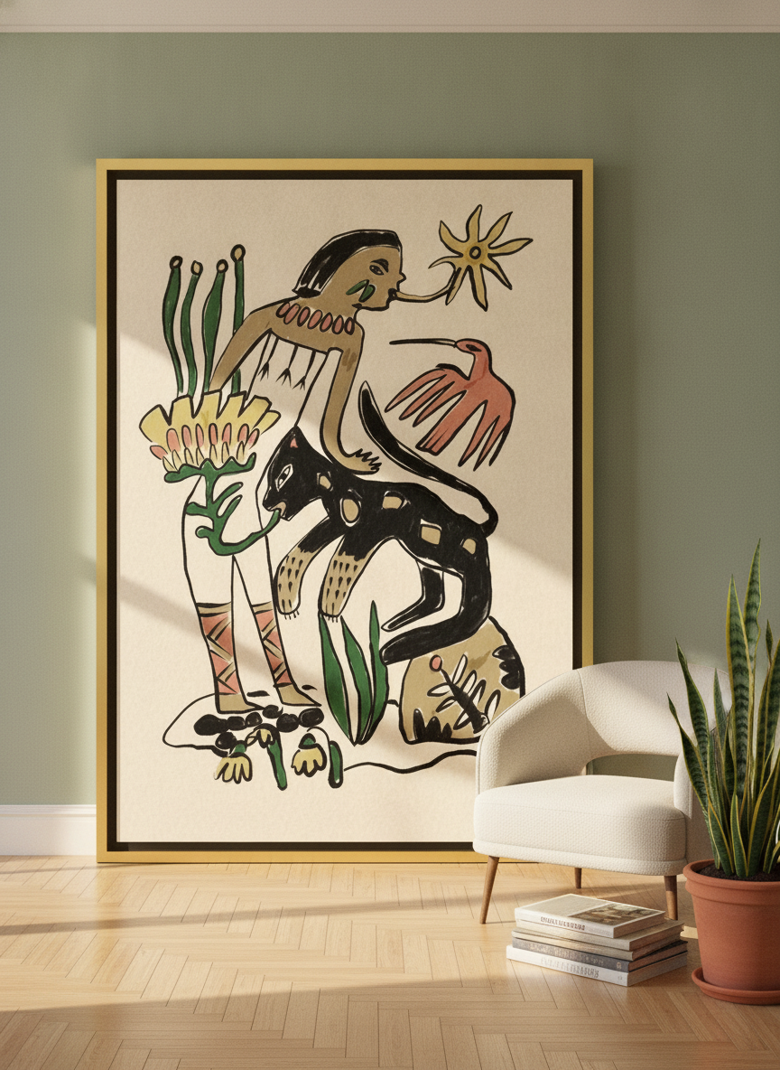 Oversized statement canvas wall art with a gold leaf surround leaning against the wall in a mid-century home office