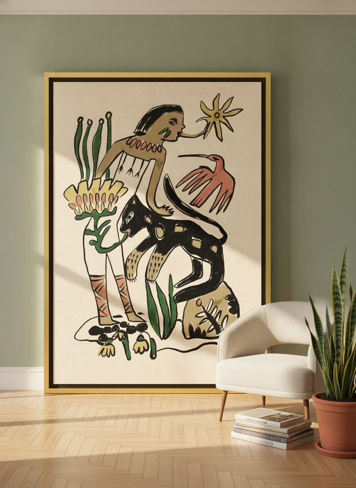Oversized statement canvas wall art with a gold leaf surround leaning against the wall in a mid-century home office