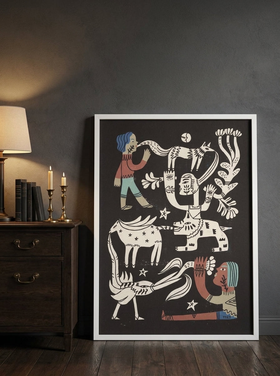 Modern wall art print leaning against the wall in a moody bedroom