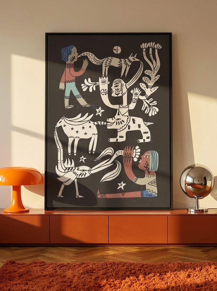 Canvas wall art with a black surround standing on a sideboard in a retro 70s living room