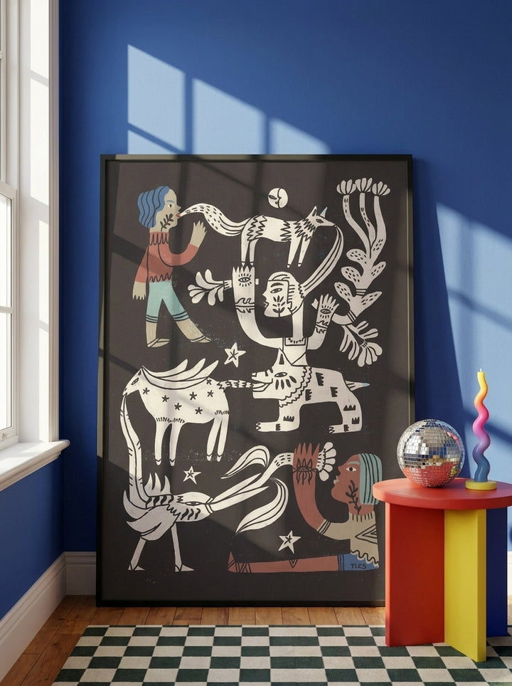 Oversized statement modern wall art print leaning against the wall in a colourful eclectic dining room