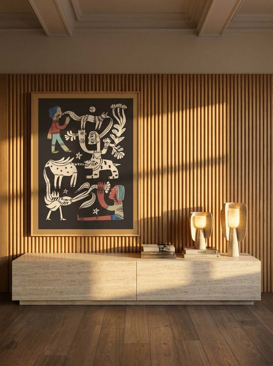 Oversized statement modern wall art print styled on the wall in a luxe living room