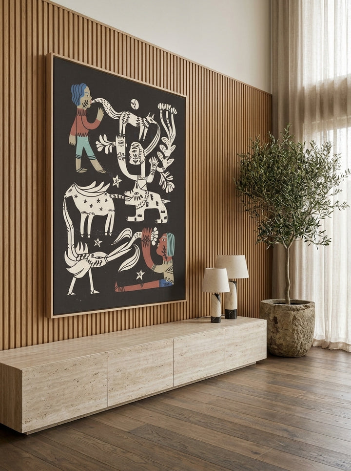 Oversized statement canvas wall art with a natural timber surround styled on the wall in a luxe living room