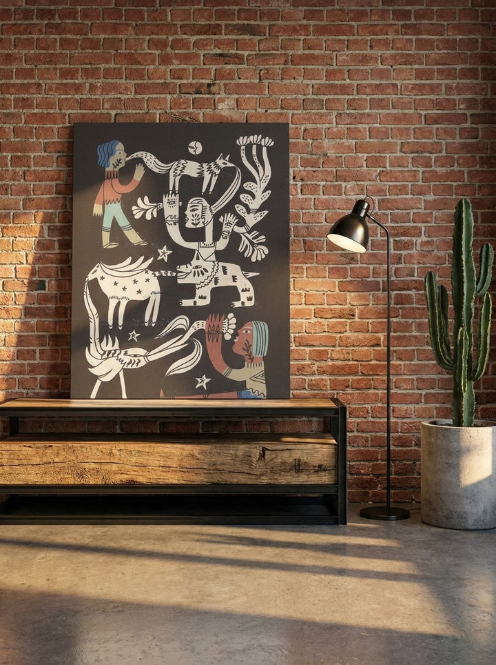 Stretched canvas wall art standing on a console in an industrial loft bedroom