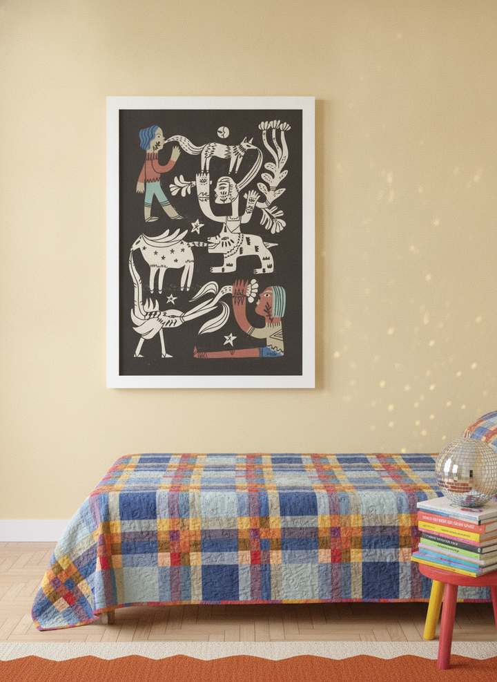 Modern wall art print styled on the wall in a colourful eclectic bedroom